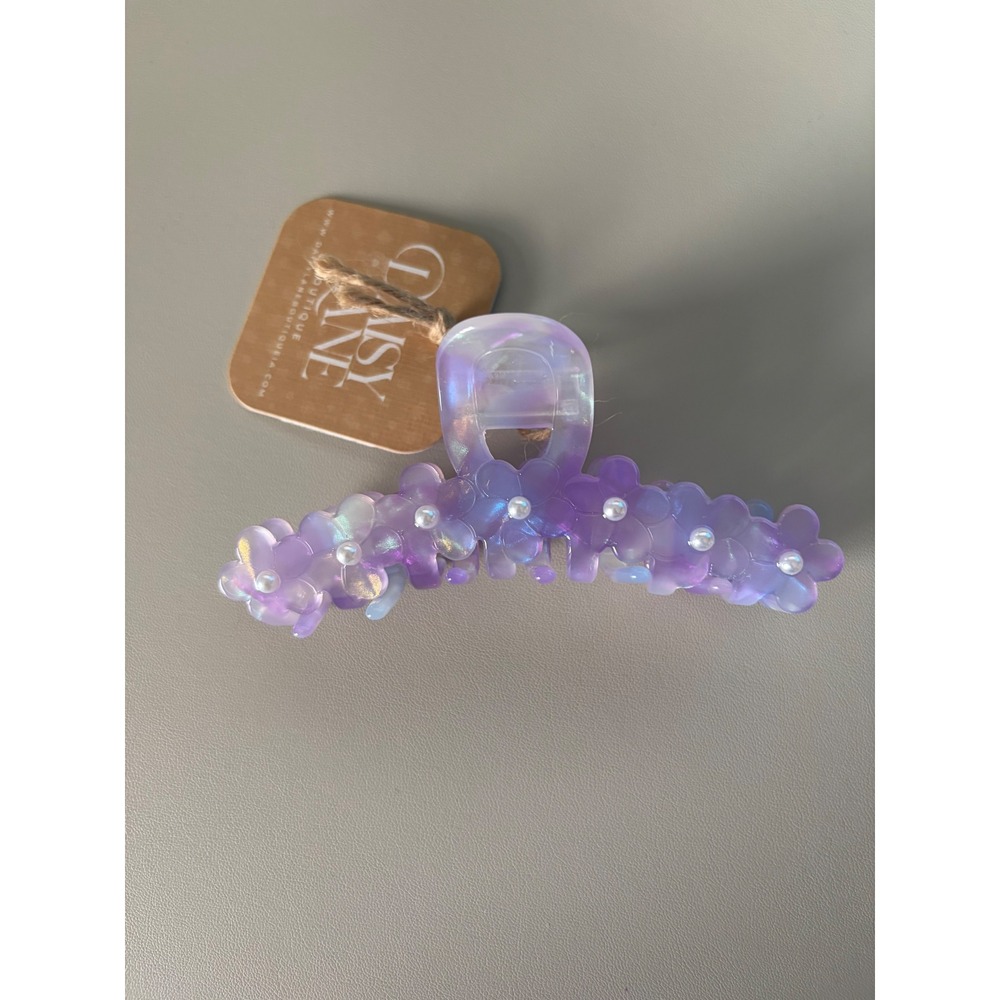 Daisy Lane Purple Iridescent Floral Hair Claw Clip with Faux Pearls NWT
